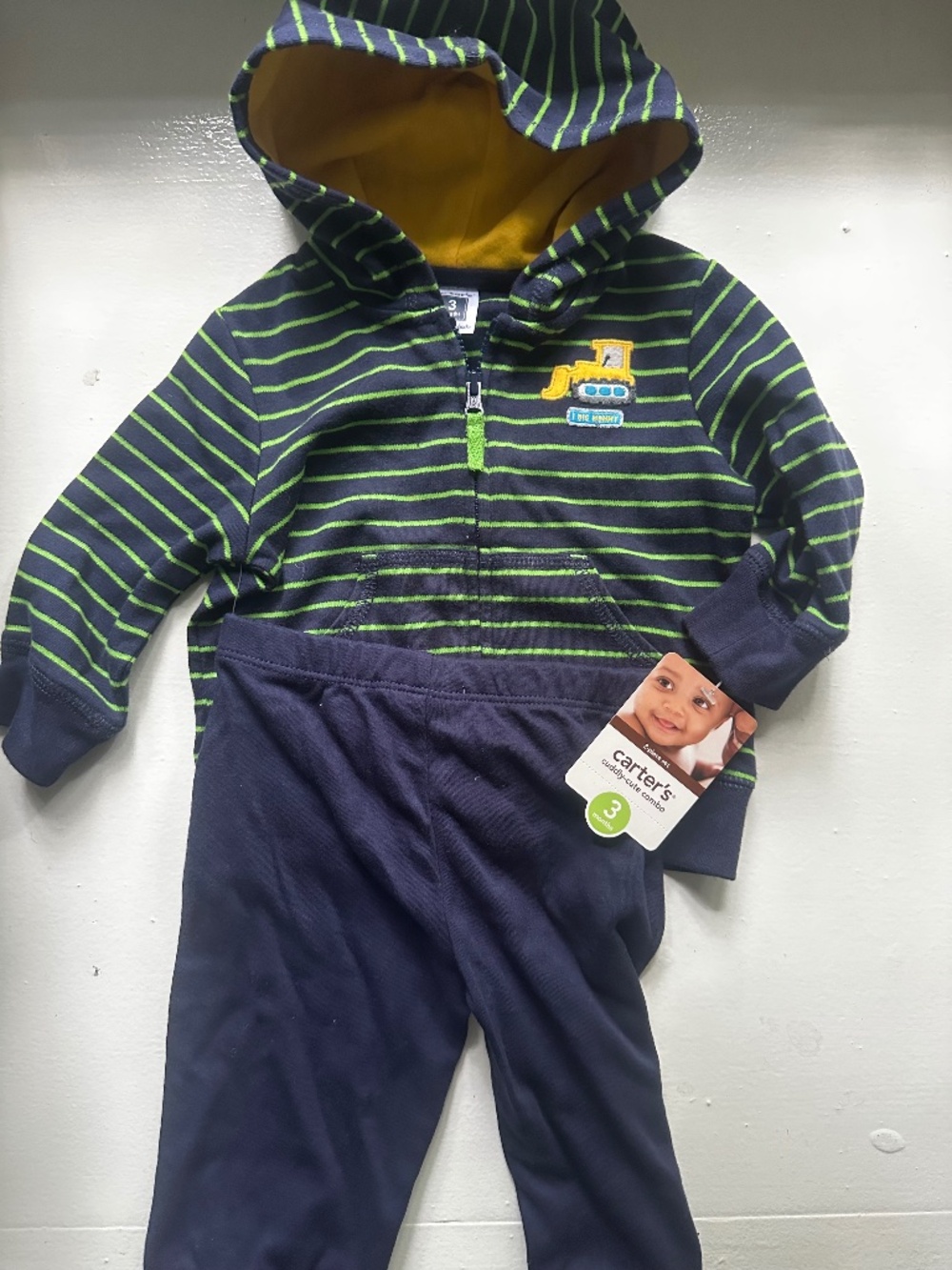 Carter's Baby Boy 3M Striped Hoodie & Pants Set – Construction / Digger